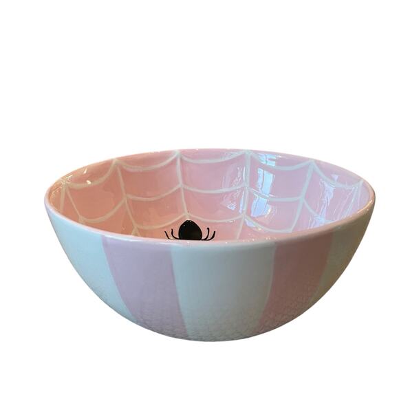 Pink & White Striped Spider Web Candy Bowl 10" Ceramic Chic Halloween Decor NEW - Picture 11 of 15